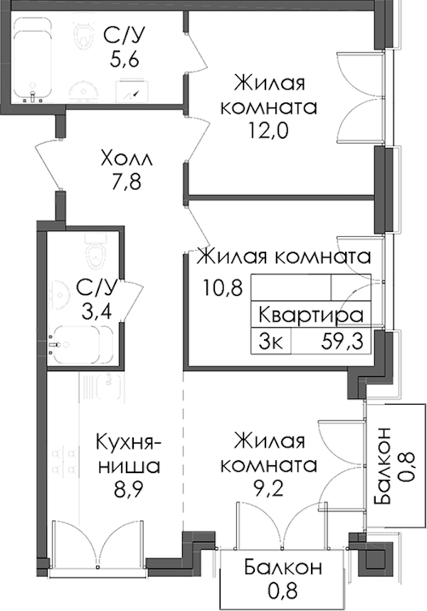 2-комнатная квартира 59.3 м², 5/7 эт., ЖК «Лермонтовский 54»